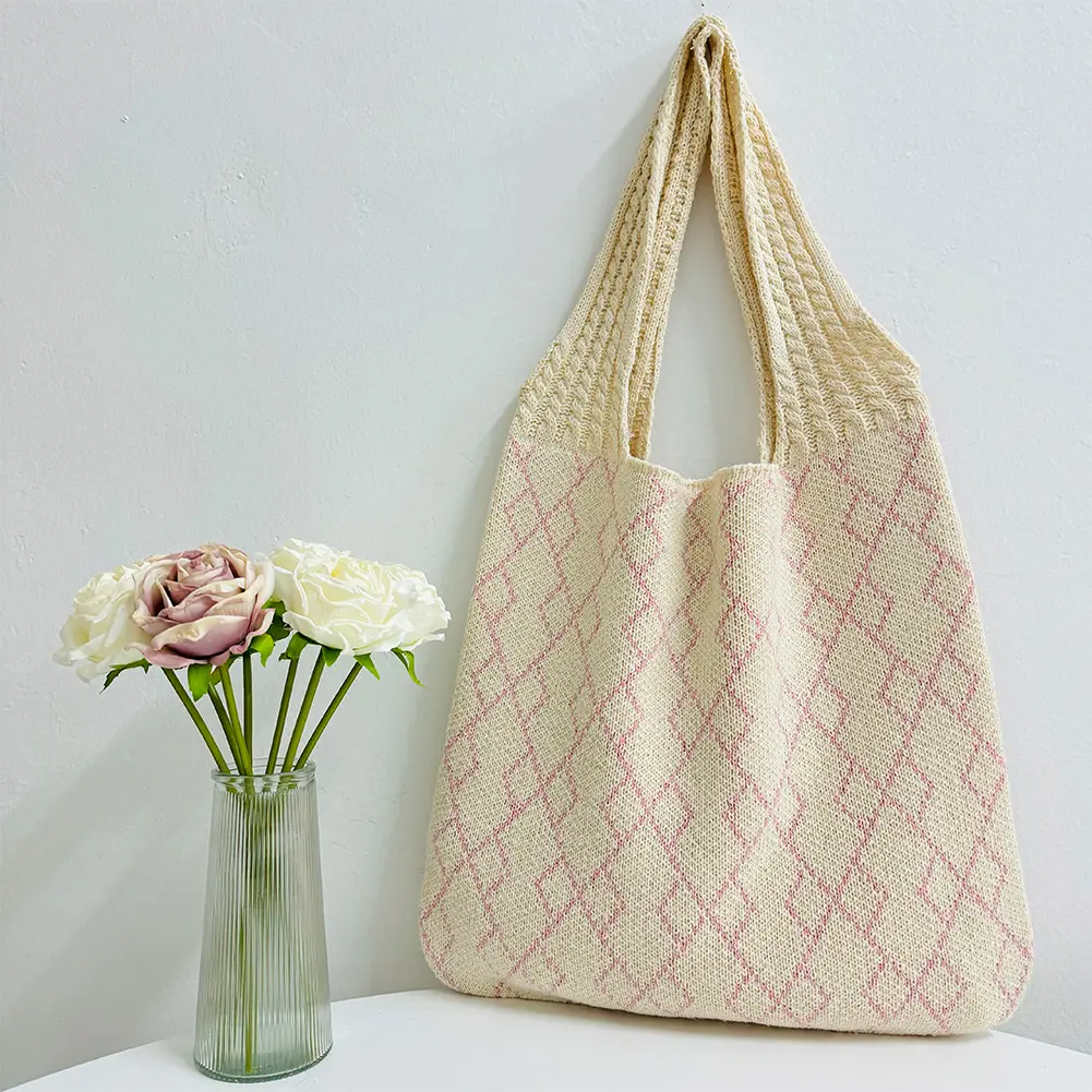 Crochet Tote Bag Mesh Knitted Bag Large Shoulder Bag Aesthetic Knit Bag Hollow Hobo Bag for Women Work Shopping Travel