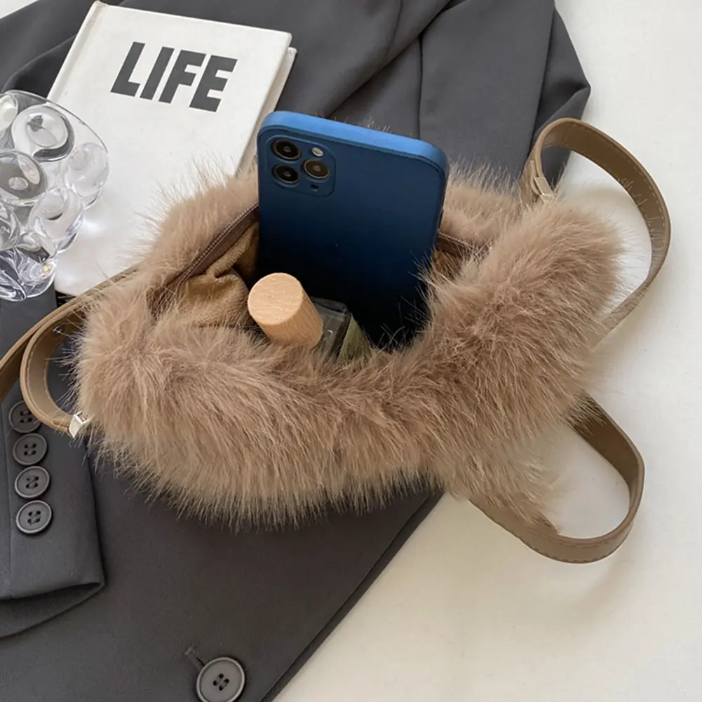 Women Faux Fur Shoulder Bag Adjustable Strap Handbag Soft Plush Fluffy Crossbody Bag Solid Color Hobo Bag for Travel Party