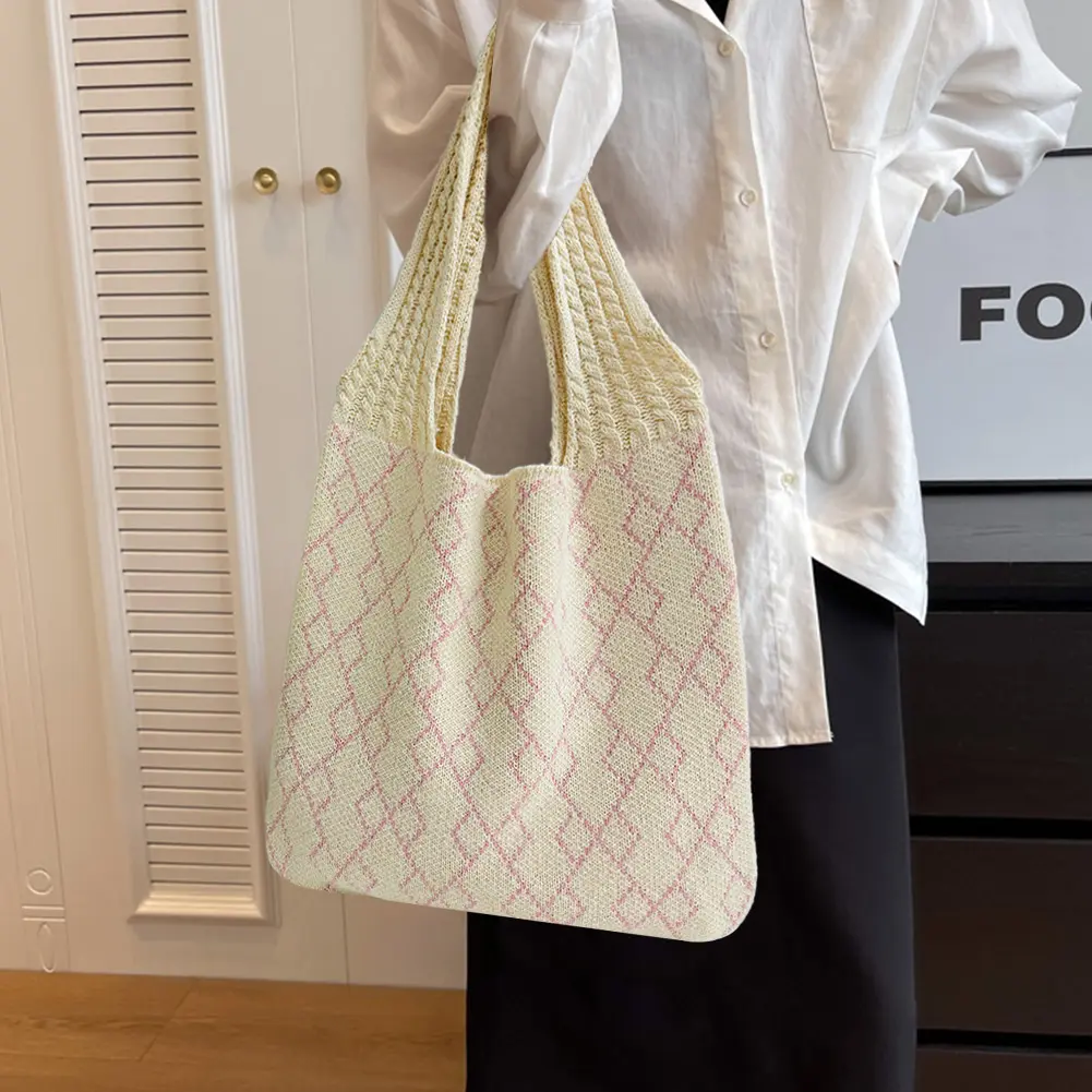 Crochet Tote Bag Mesh Knitted Bag Large Shoulder Bag Aesthetic Knit Bag Hollow Hobo Bag for Women Work Shopping Travel