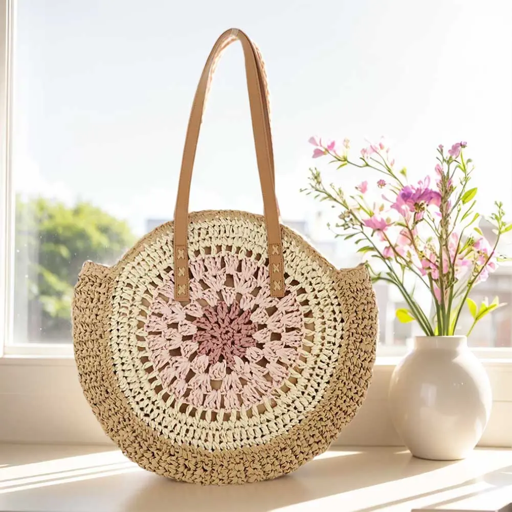 Round Summer Straw Bag with Zipper Closure Beach Shoulder Bag with Color Collision Casual Tote Bag Trendy Holiday Travel Handbag