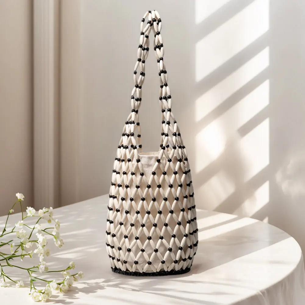 Wooden Bead Woven Hand Bag for Holiday Travels Date Hollow-out Tote Bag Handmade Beaded Shoulder Bag for Women