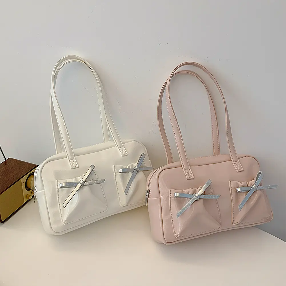 Women Bow Tie Shoulder Bag Fashion PU Leather Crossbody Bag Solid Color Satchel Purse for Vacation Travel Armpit Bag