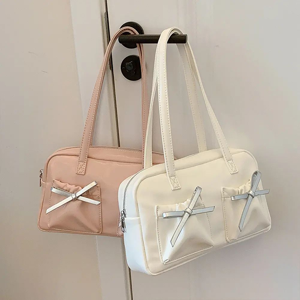 Women Bow Tie Shoulder Bag Fashion PU Leather Crossbody Bag Solid Color Satchel Purse for Vacation Travel Armpit Bag