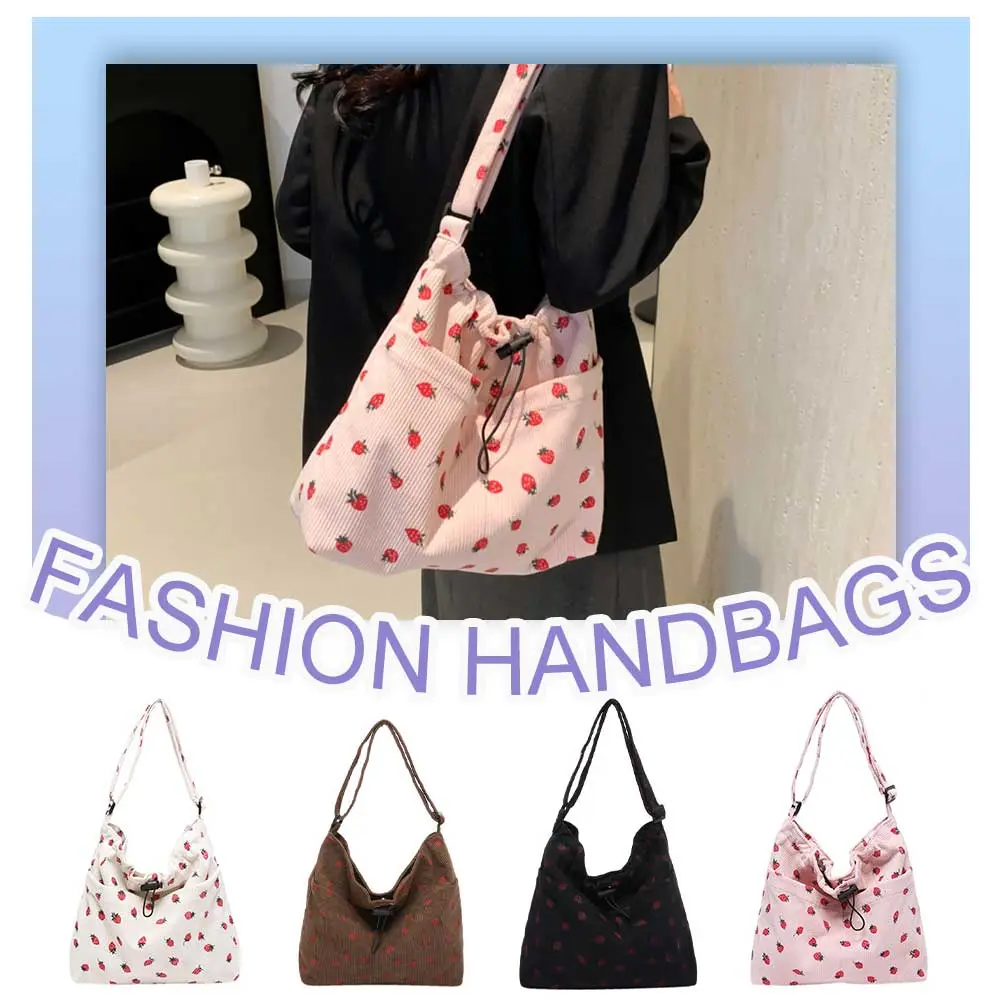 Women Corduroy Tote Bag Strawberry Shoulder Bag Multi-Pocket Hobo Bag Work Shopping Bag