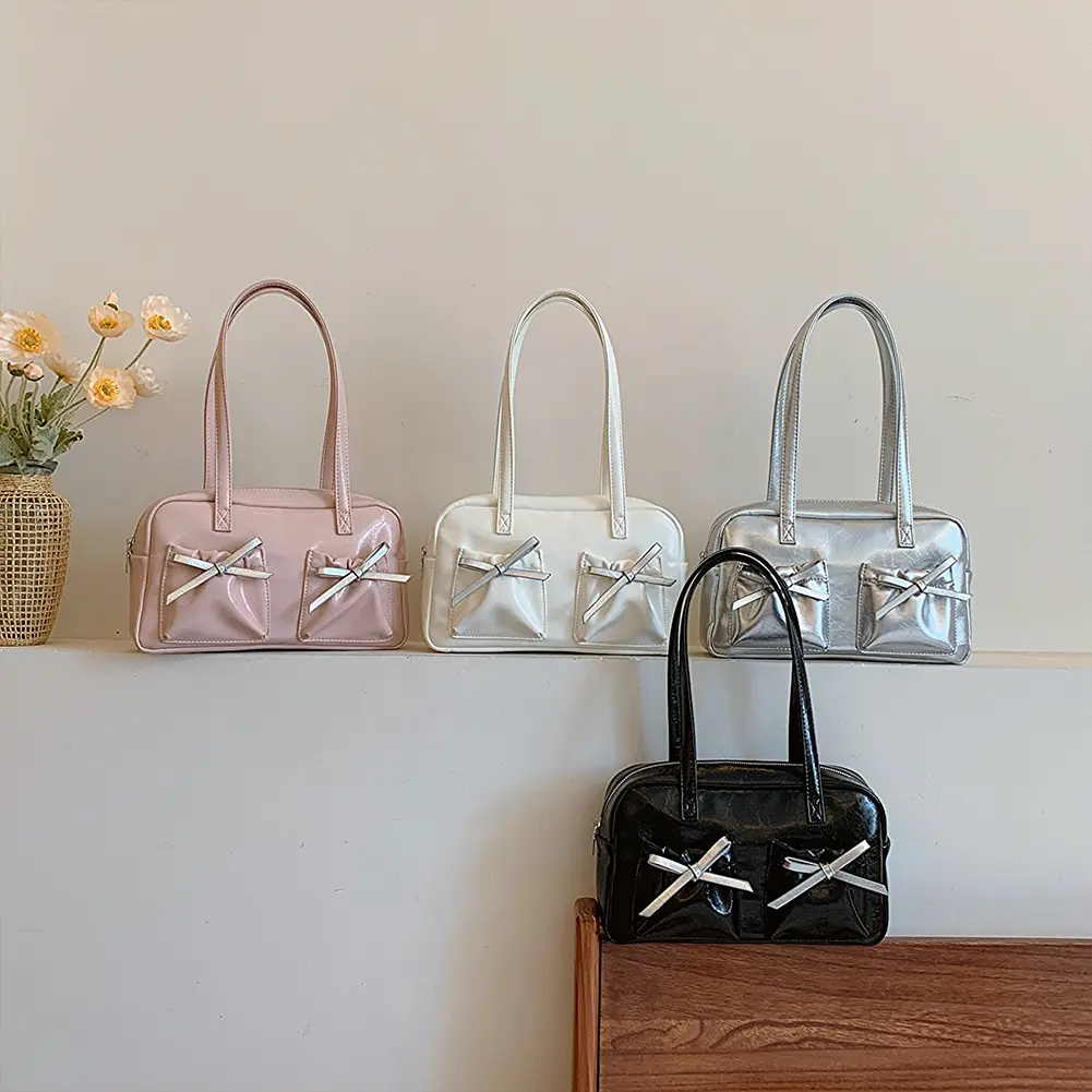 Women Bow Tie Shoulder Bag Fashion PU Leather Crossbody Bag Solid Color Satchel Purse for Vacation Travel Armpit Bag