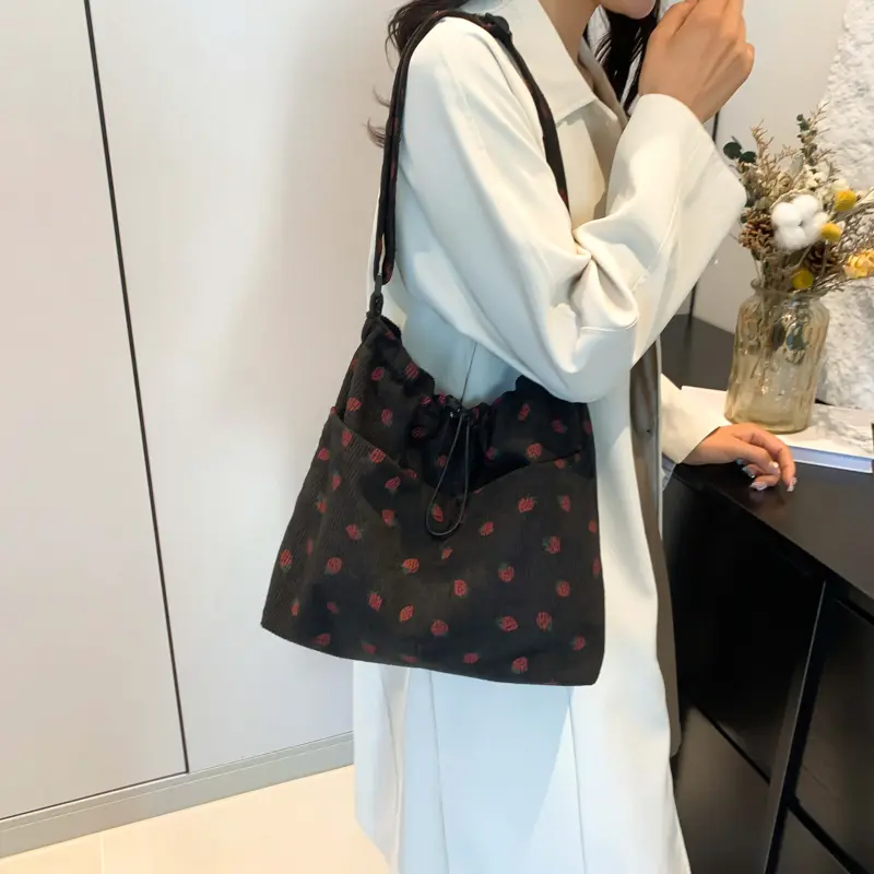 Women Corduroy Tote Bag Strawberry Shoulder Bag Multi-Pocket Hobo Bag Work Shopping Bag