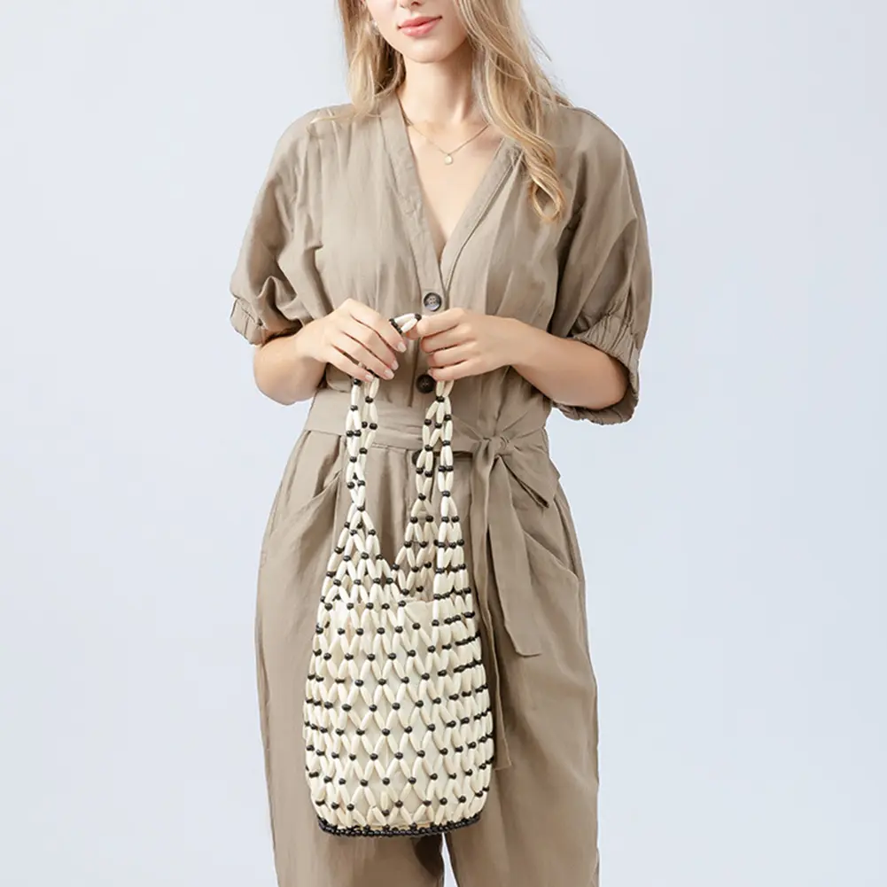 Wooden Bead Woven Hand Bag for Holiday Travels Date Hollow-out Tote Bag Handmade Beaded Shoulder Bag for Women