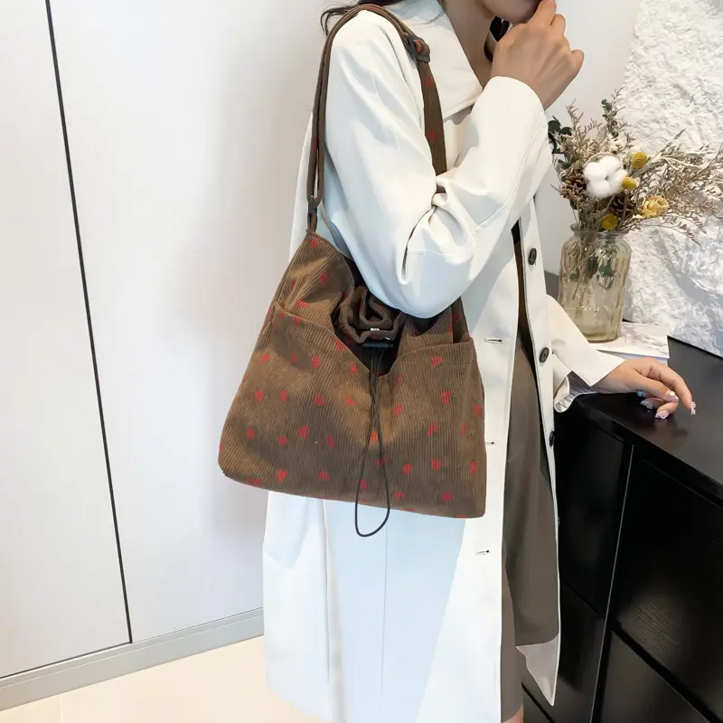 Women Corduroy Tote Bag Strawberry Shoulder Bag Multi-Pocket Hobo Bag Work Shopping Bag