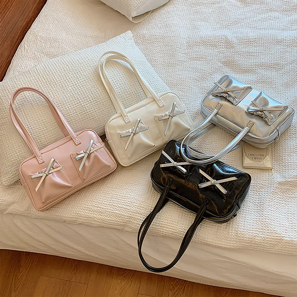 Women Bow Tie Shoulder Bag Fashion PU Leather Crossbody Bag Solid Color Satchel Purse for Vacation Travel Armpit Bag