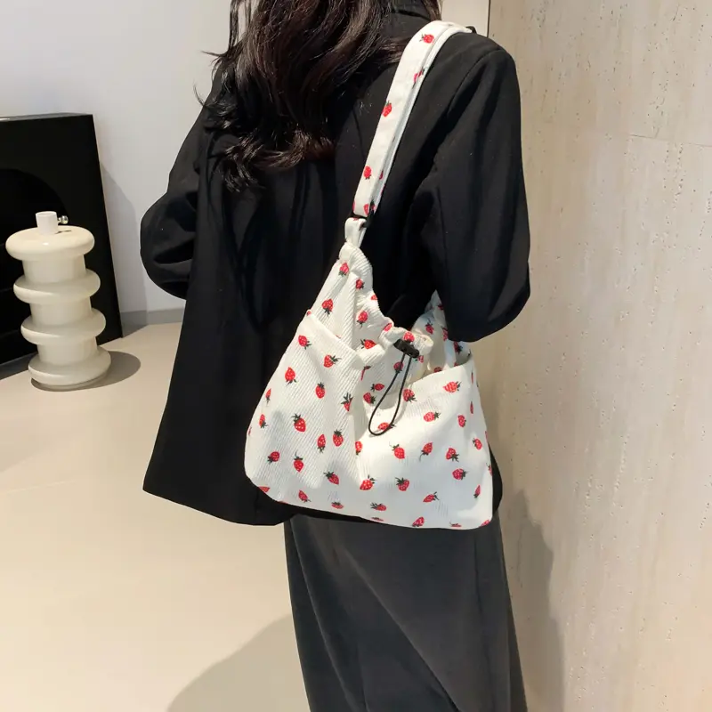 Women Corduroy Tote Bag Strawberry Shoulder Bag Multi-Pocket Hobo Bag Work Shopping Bag