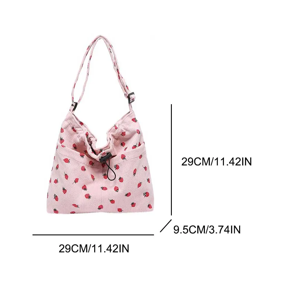 Women Corduroy Tote Bag Strawberry Shoulder Bag Multi-Pocket Hobo Bag Work Shopping Bag
