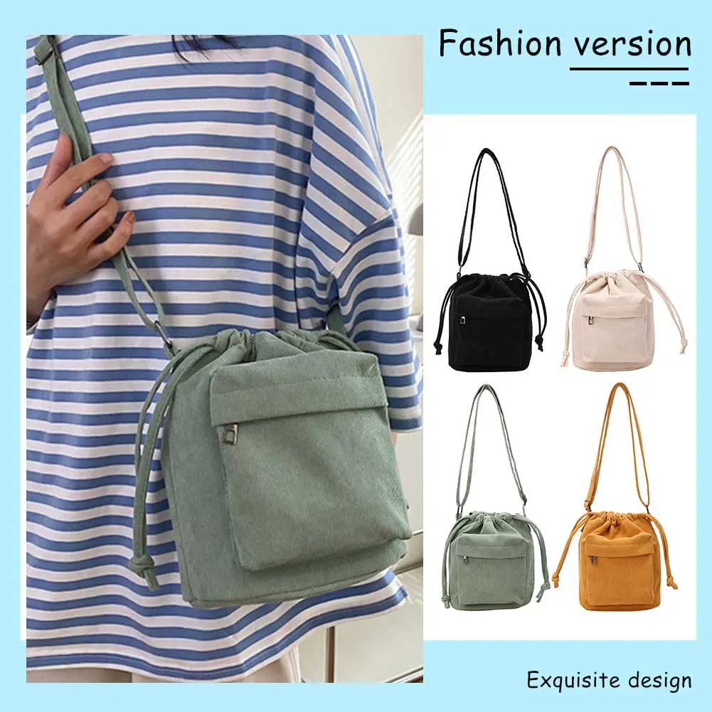 Women Soild Satchel Purse Adjustable Strap Corduroy Crossbody Bag Drawstring Multi Pocket Purse Versatile Soft Cute Shopping Bag