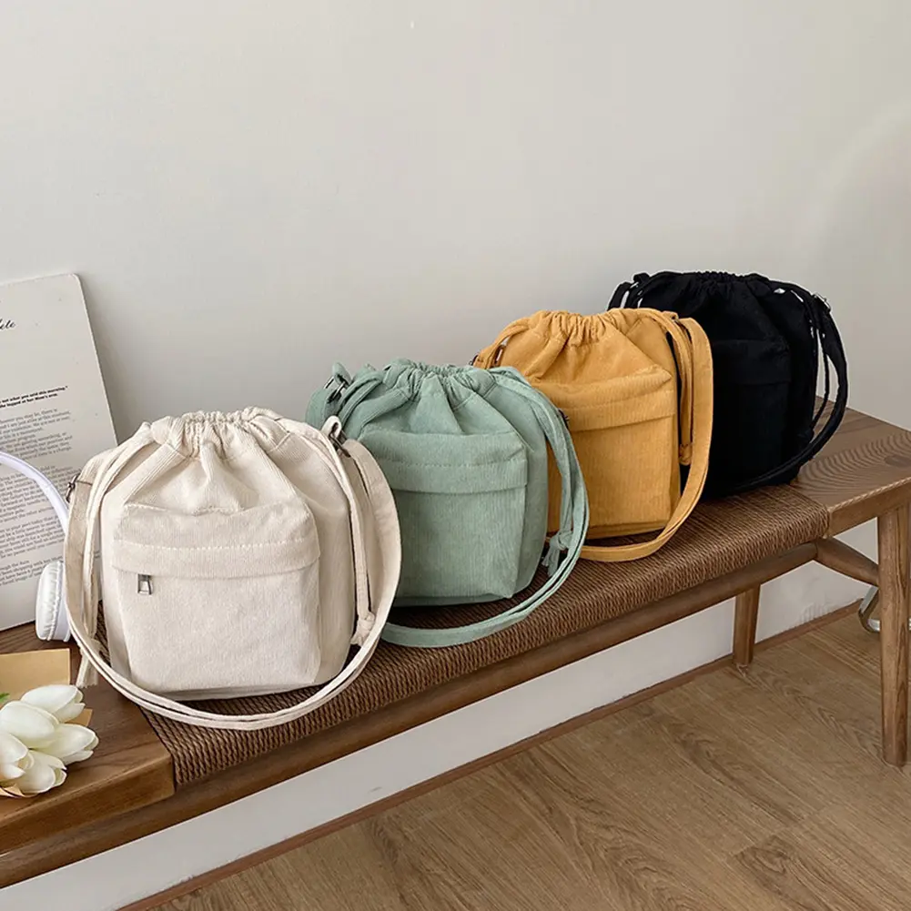 Women Soild Satchel Purse Adjustable Strap Corduroy Crossbody Bag Drawstring Multi Pocket Purse Versatile Soft Cute Shopping Bag