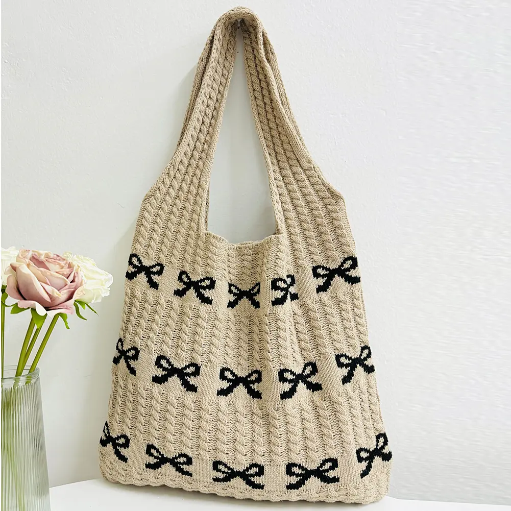 2024 New Knitted Bag Women's Summer Handmade Woolen Crochet Shoulder Underarm Bag Aesthetics Love/Bow Pattern Woven Tote Handbag