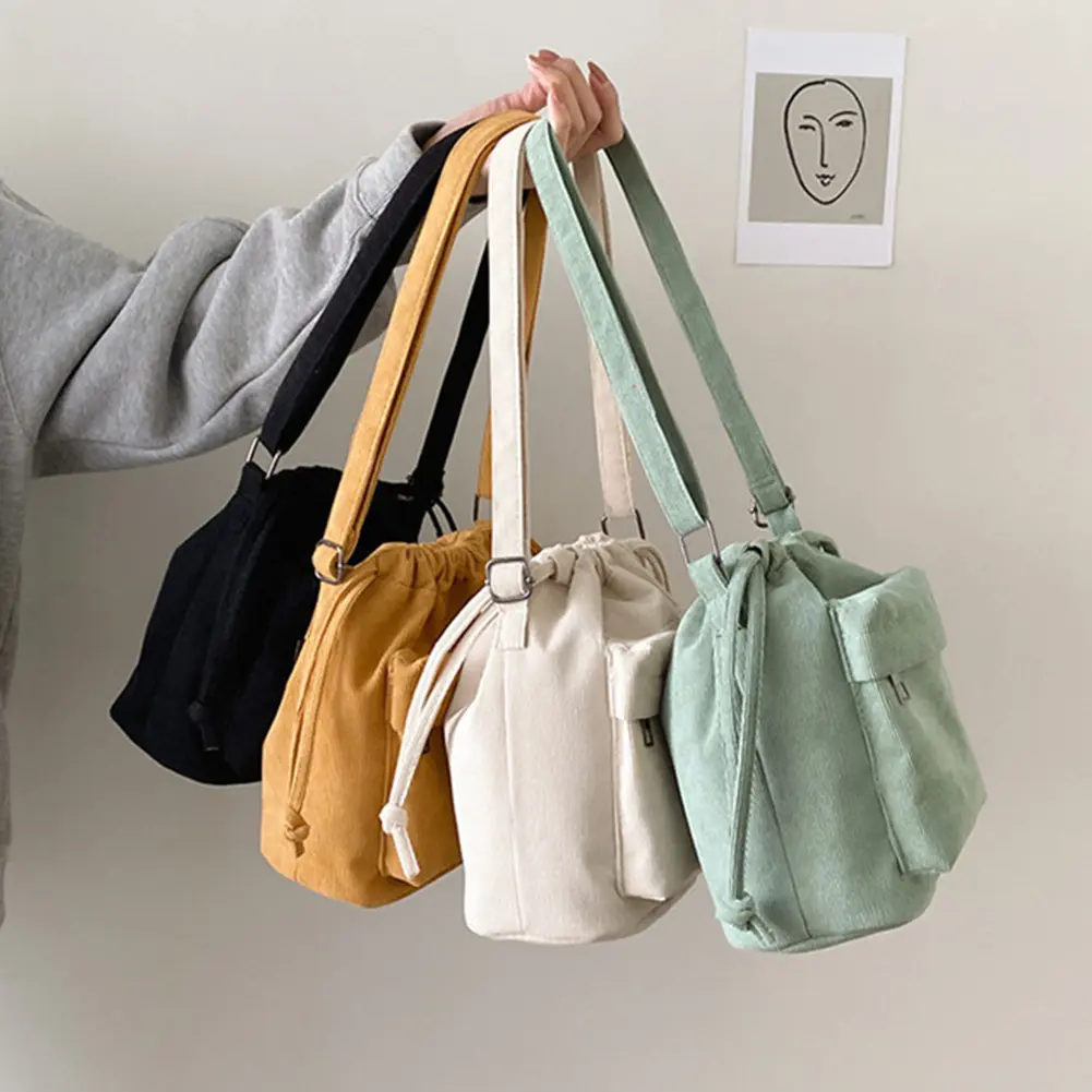 Women Soild Satchel Purse Adjustable Strap Corduroy Crossbody Bag Drawstring Multi Pocket Purse Versatile Soft Cute Shopping Bag