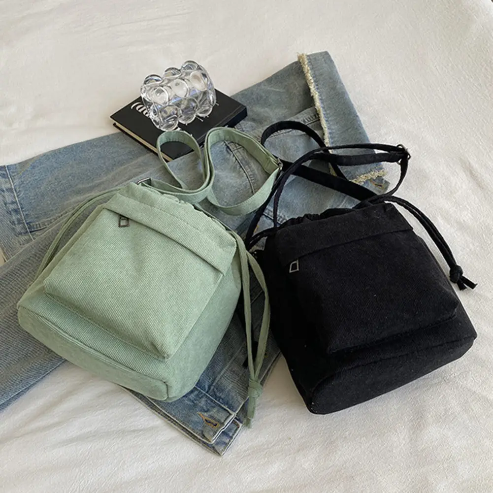 Women Soild Satchel Purse Adjustable Strap Corduroy Crossbody Bag Drawstring Multi Pocket Purse Versatile Soft Cute Shopping Bag