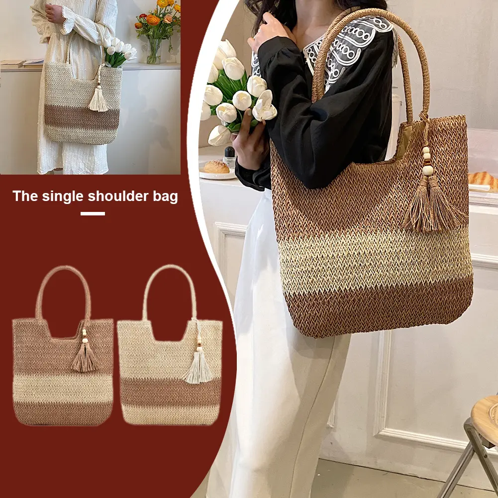 Summer Fashionable Shoulder Bag with Tassels Handmade Woven Design Large Capacity Casual Tote for Beach Holiday