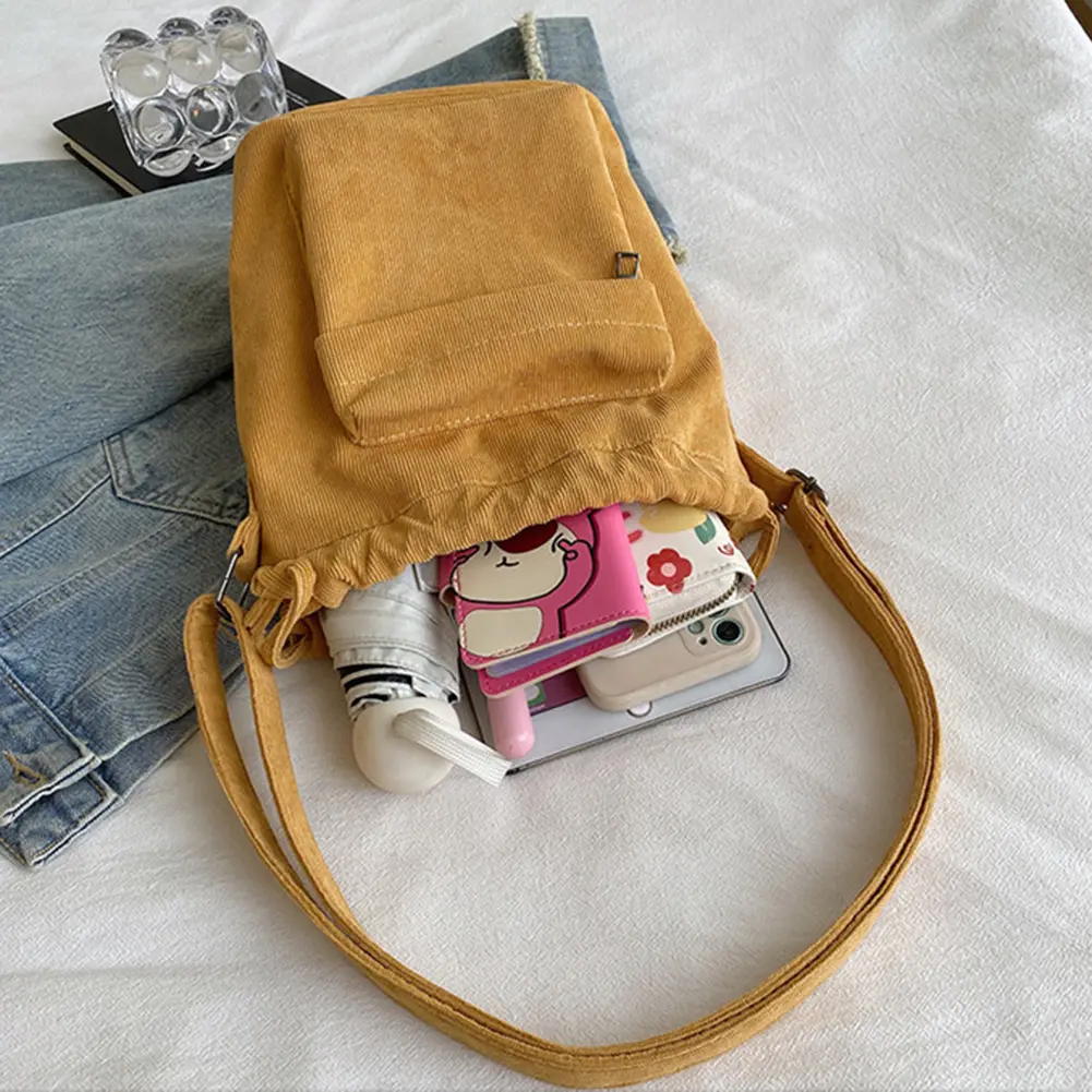 Women Soild Satchel Purse Adjustable Strap Corduroy Crossbody Bag Drawstring Multi Pocket Purse Versatile Soft Cute Shopping Bag