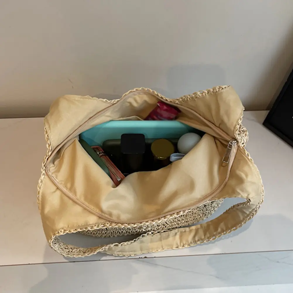 Large Straw Beach Bag with Zipper Summer Shoulder Bag Woven Tote Bag Handbag Shoulder Purse for Women