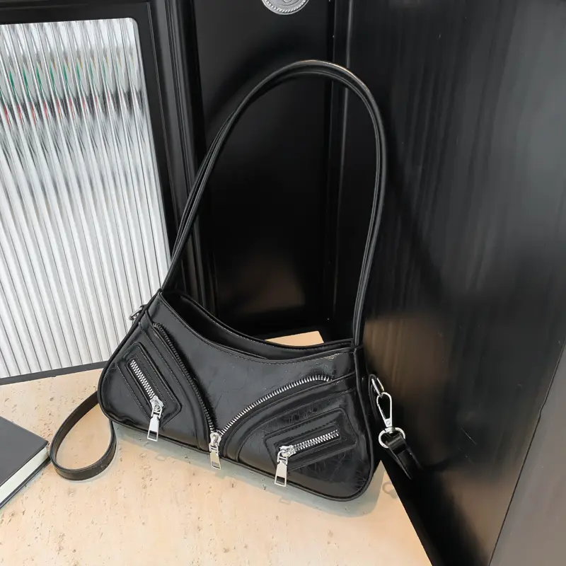 Y2k Crossbody Bag Zipper Decor Small Messenger Bag PU Leather Shoulder Purse Trendy Cool for Women Girls