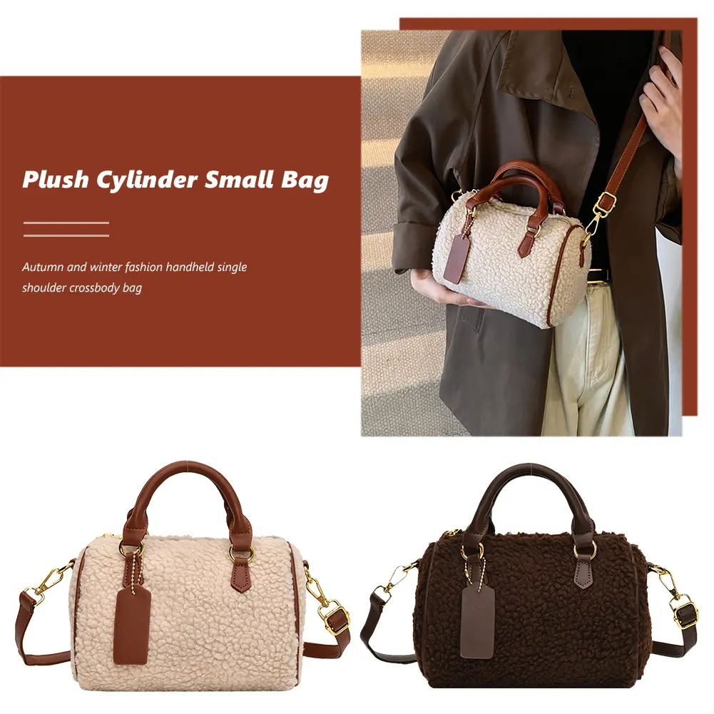 Women PU Leather Boston Barrel Bag Fluffy Furry Top Handle Bag with Zipper Crossbody Bag with Pocket for Work Travel