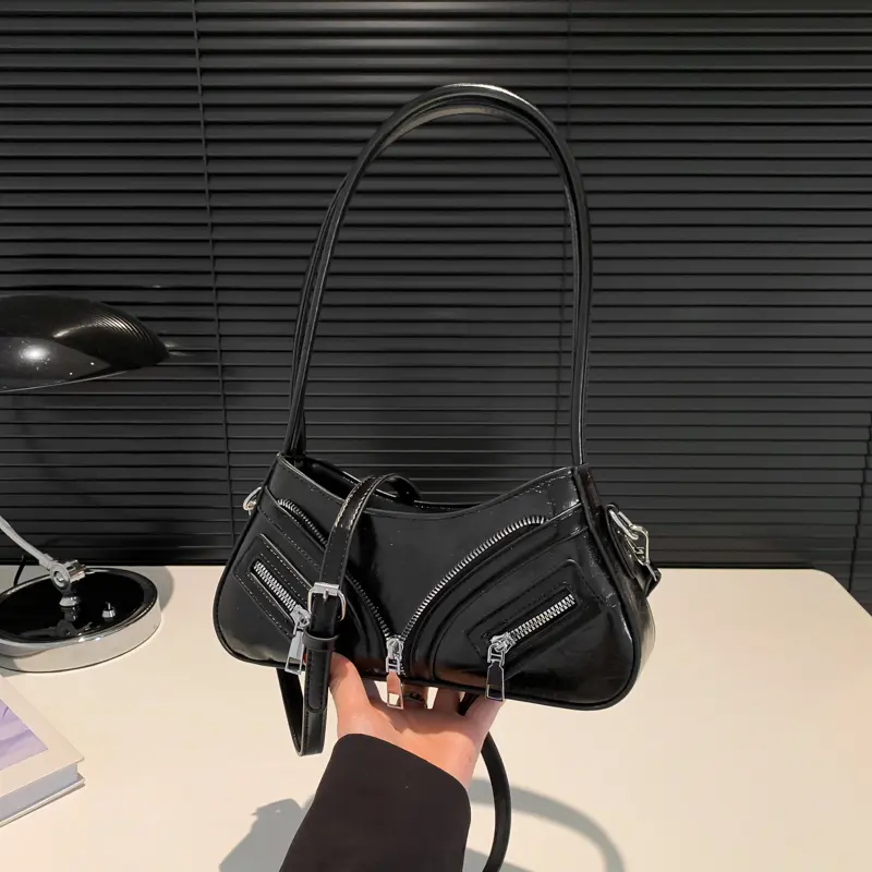 Y2k Crossbody Bag Zipper Decor Small Messenger Bag PU Leather Shoulder Purse Trendy Cool for Women Girls