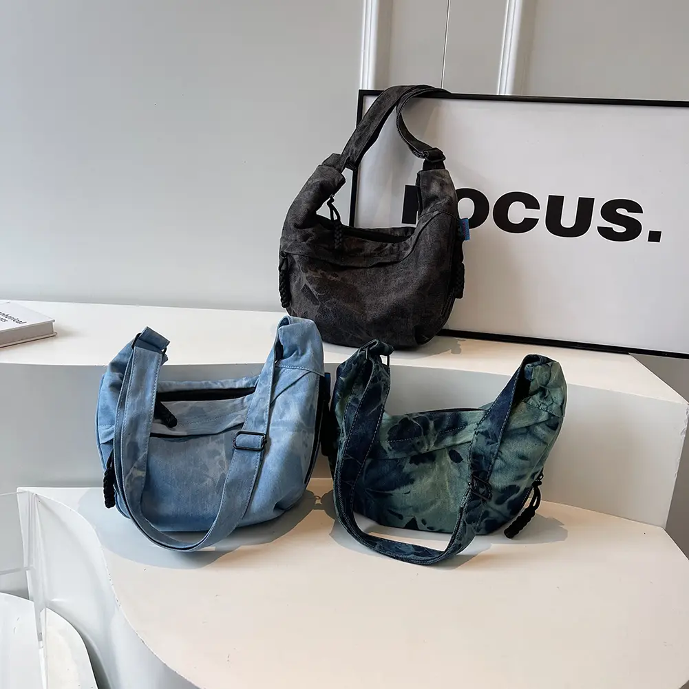 Women Canvas Hobo Sling Bag Multi-pockets Fashion Shoulder Bag Large Capacity Half Moon Bag Adjustable Strap Simple Satchel Bag