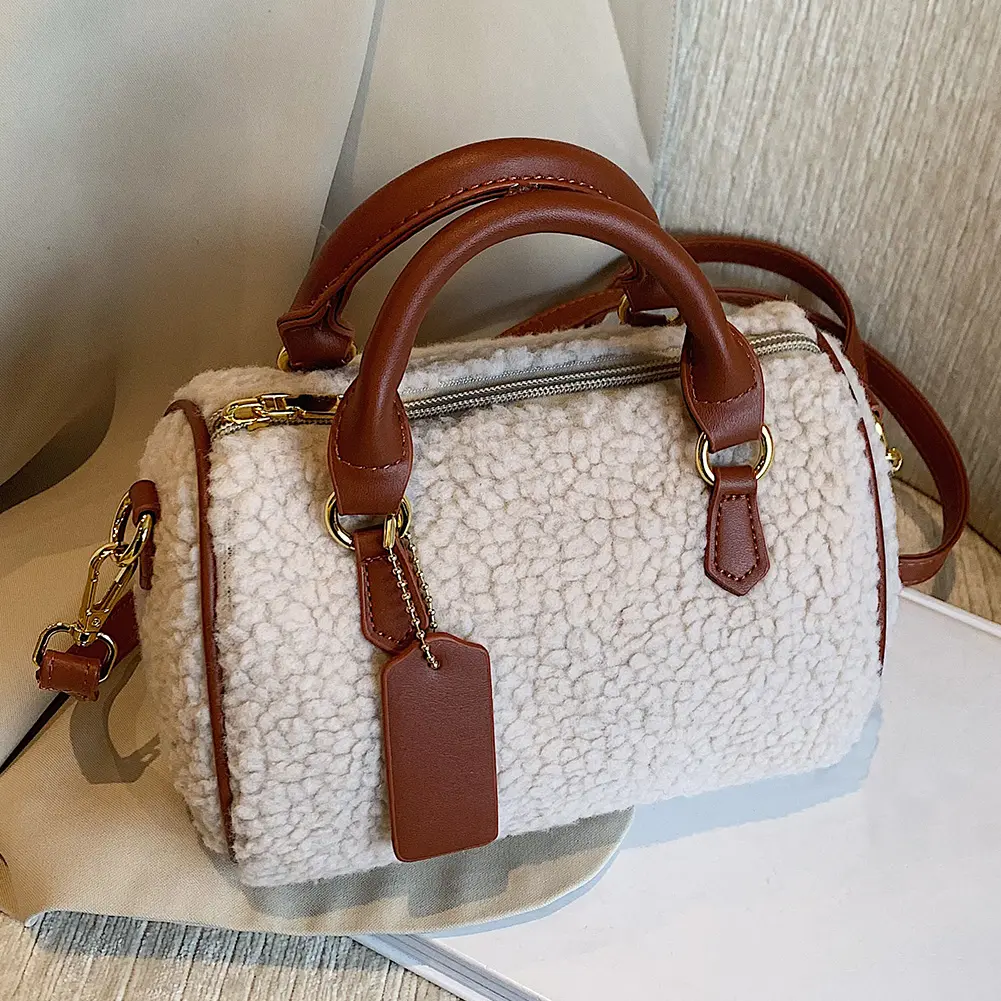 Women PU Leather Boston Barrel Bag Fluffy Furry Top Handle Bag with Zipper Crossbody Bag with Pocket for Work Travel