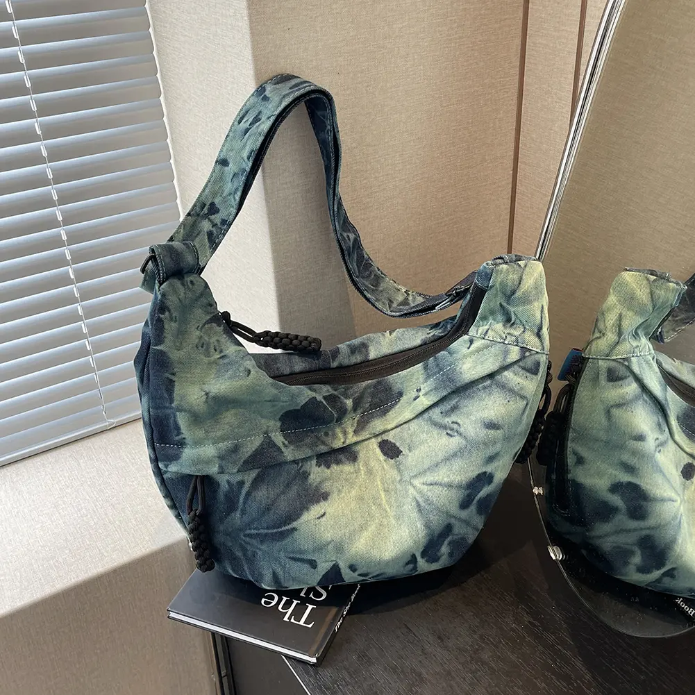 Women Canvas Hobo Sling Bag Multi-pockets Fashion Shoulder Bag Large Capacity Half Moon Bag Adjustable Strap Simple Satchel Bag