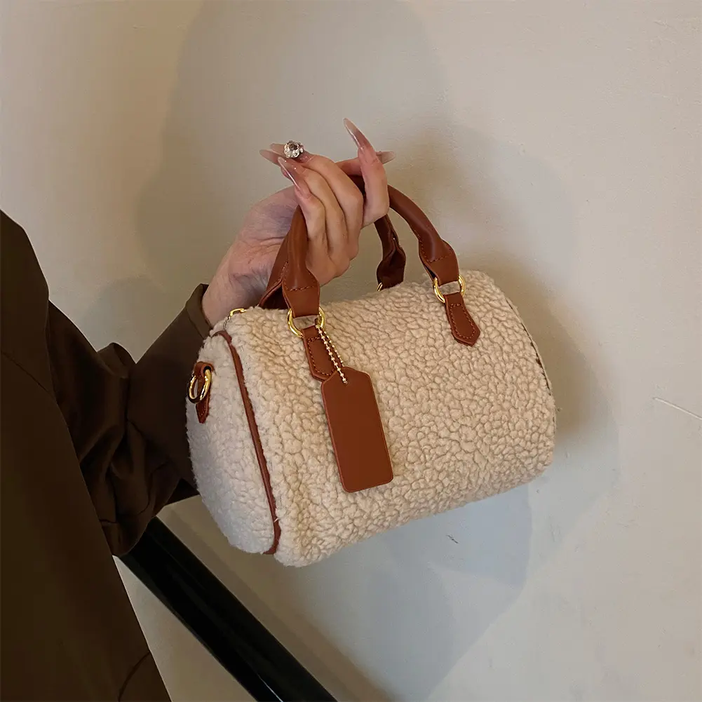 Women PU Leather Boston Barrel Bag Fluffy Furry Top Handle Bag with Zipper Crossbody Bag with Pocket for Work Travel