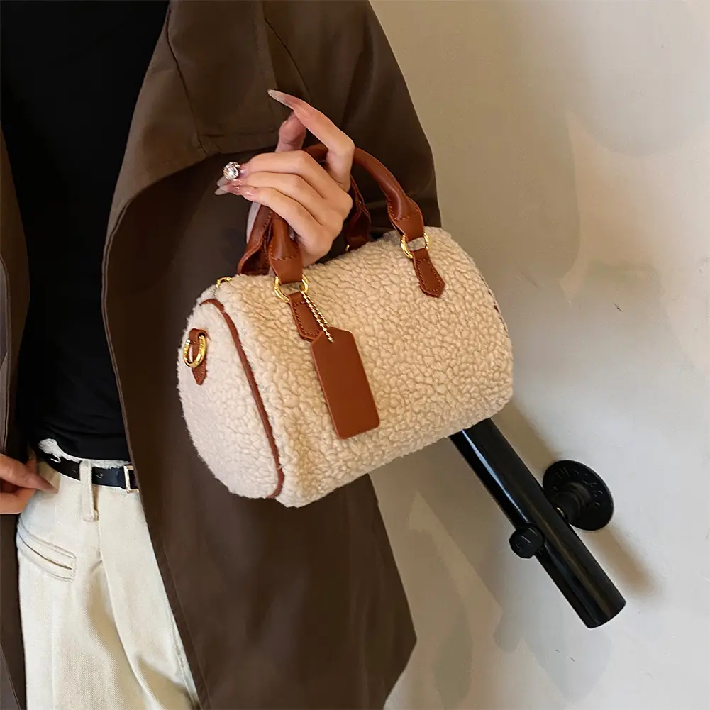 Women PU Leather Boston Barrel Bag Fluffy Furry Top Handle Bag with Zipper Crossbody Bag with Pocket for Work Travel