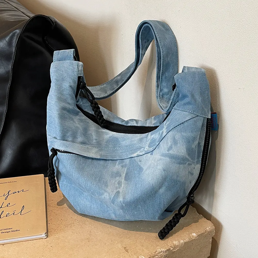 Women Canvas Hobo Sling Bag Multi-pockets Fashion Shoulder Bag Large Capacity Half Moon Bag Adjustable Strap Simple Satchel Bag