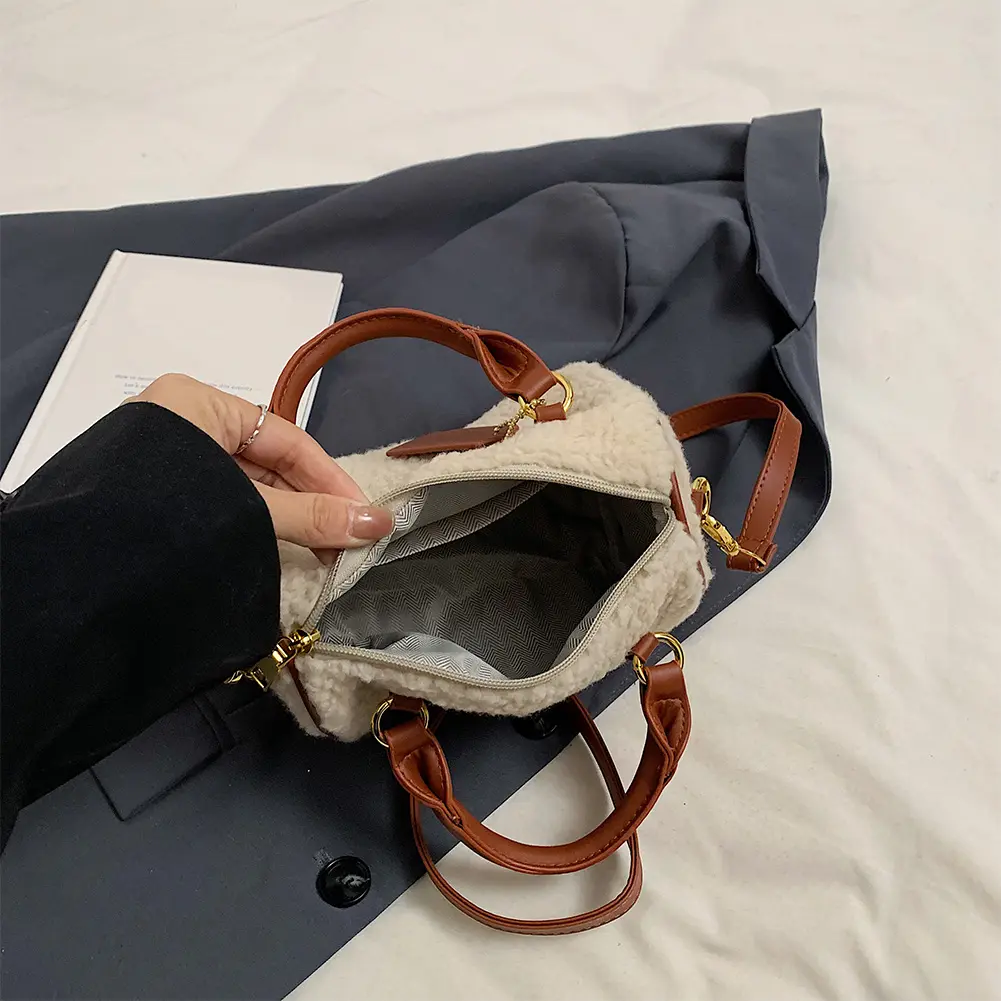 Women PU Leather Boston Barrel Bag Fluffy Furry Top Handle Bag with Zipper Crossbody Bag with Pocket for Work Travel