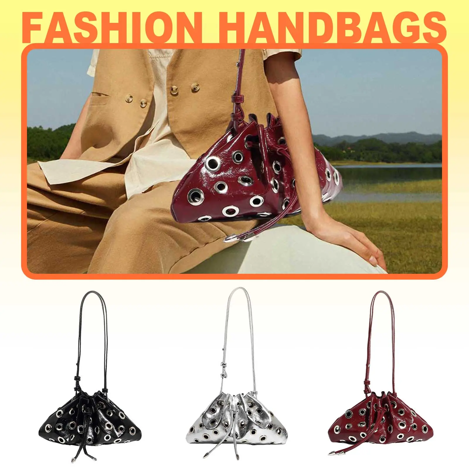 Women Metal Stud Y2k Shoulder Bag PU Leather Trendy Rivet Sling Bag Drawstring Crossbody Bag Shopping Vacation Handbag