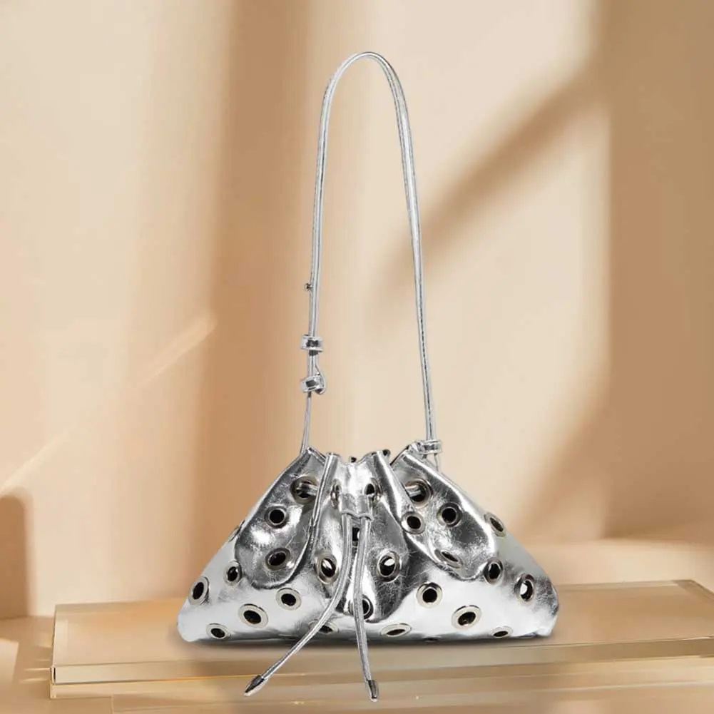 Women Metal Stud Y2k Shoulder Bag PU Leather Trendy Rivet Sling Bag Drawstring Crossbody Bag Shopping Vacation Handbag