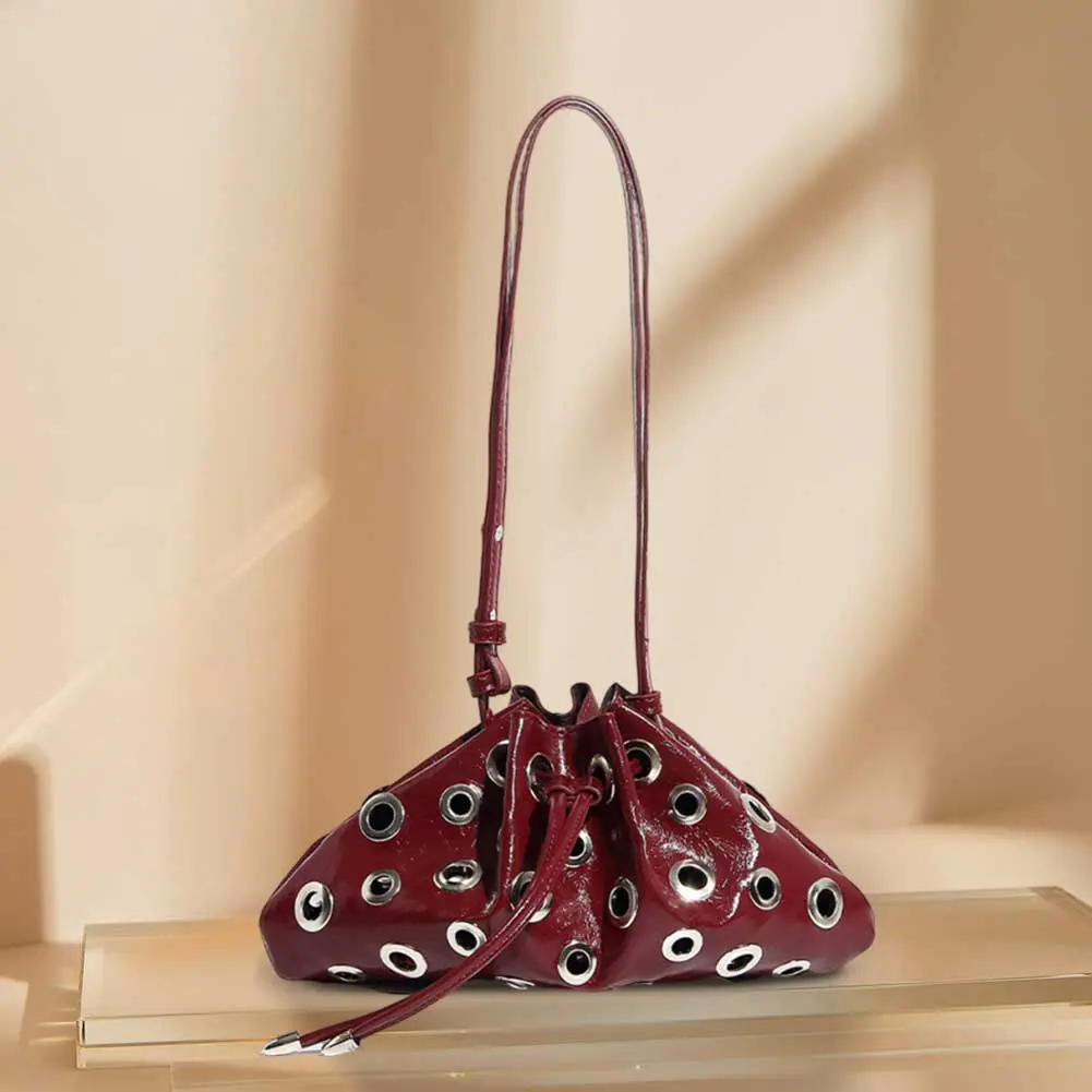Women Metal Stud Y2k Shoulder Bag PU Leather Trendy Rivet Sling Bag Drawstring Crossbody Bag Shopping Vacation Handbag