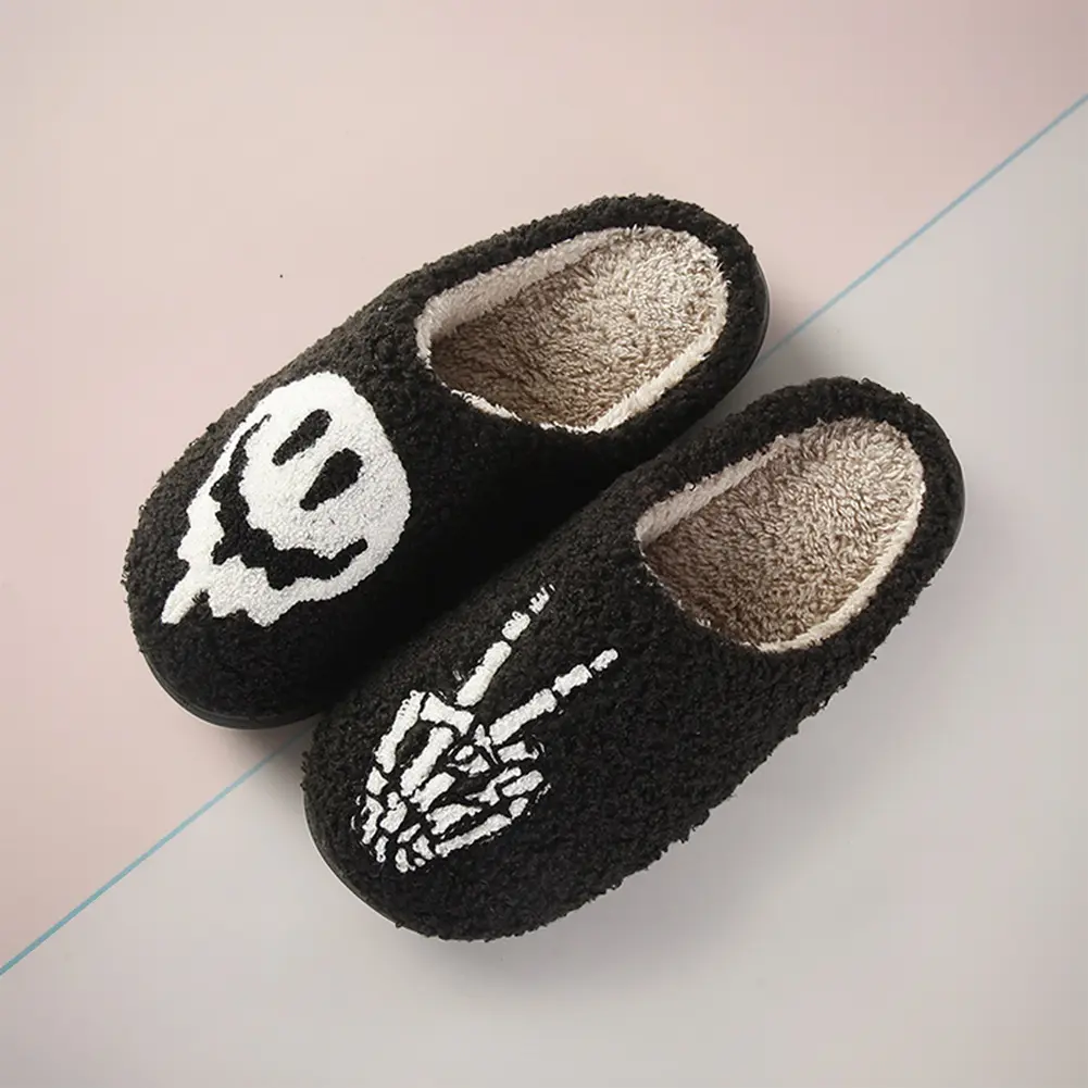 Halloween Skeleton Finger Slippers Plush Closed Toe Slippers Comfortable Furry Skull Finger Slippers Non-Slip for Autumn Winter