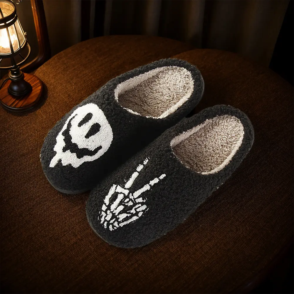 Halloween Skeleton Finger Slippers Plush Closed Toe Slippers Comfortable Furry Skull Finger Slippers Non-Slip for Autumn Winter