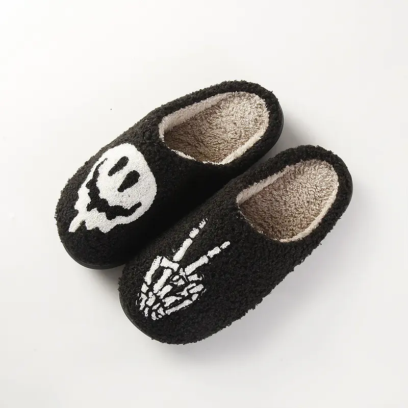 Halloween Skeleton Finger Slippers Plush Closed Toe Slippers Comfortable Furry Skull Finger Slippers Non-Slip for Autumn Winter