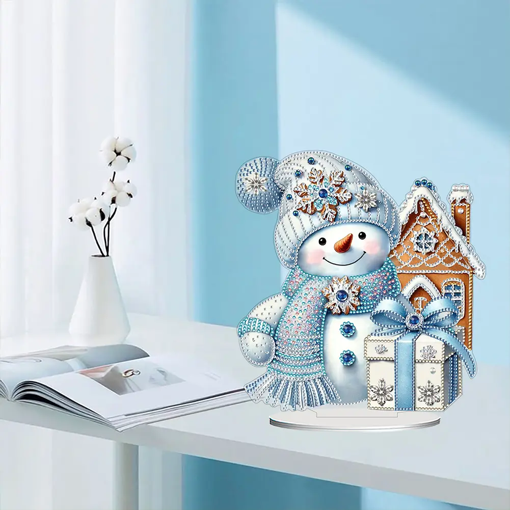 2D/Flat Snowman DIY Diamond Painting Tabletop Ornaments Kit Double-Sided Printed Single-Side Drill for Home Office Desktop Decor
