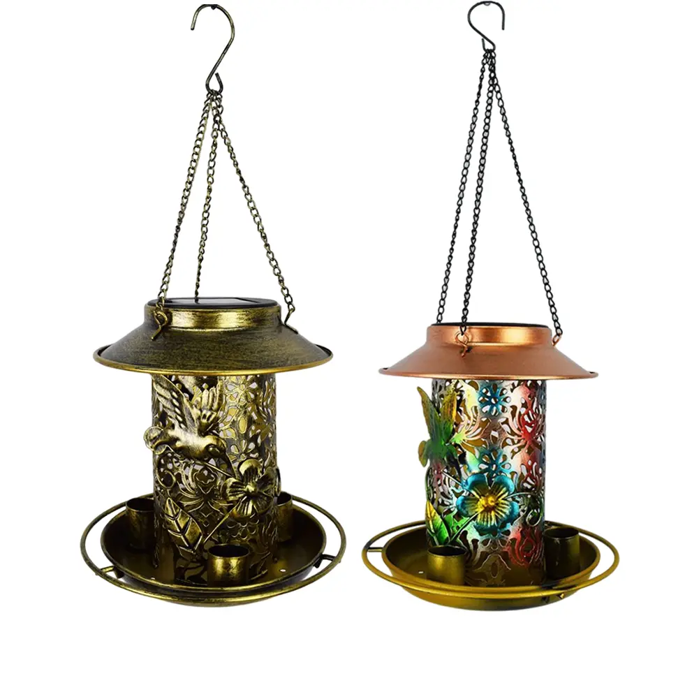 Solar Outdoor Bird Feeder LED Lamp Hanging Hummingbird Feeders IP55 Waterproof Bronze Metal Tray Bird Feeder Garden Yard Decor