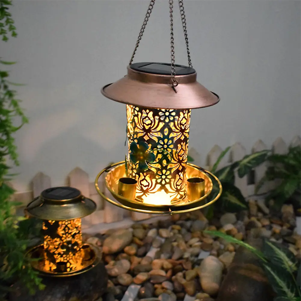 Solar Outdoor Bird Feeder LED Lamp Hanging Hummingbird Feeders IP55 Waterproof Bronze Metal Tray Bird Feeder Garden Yard Decor