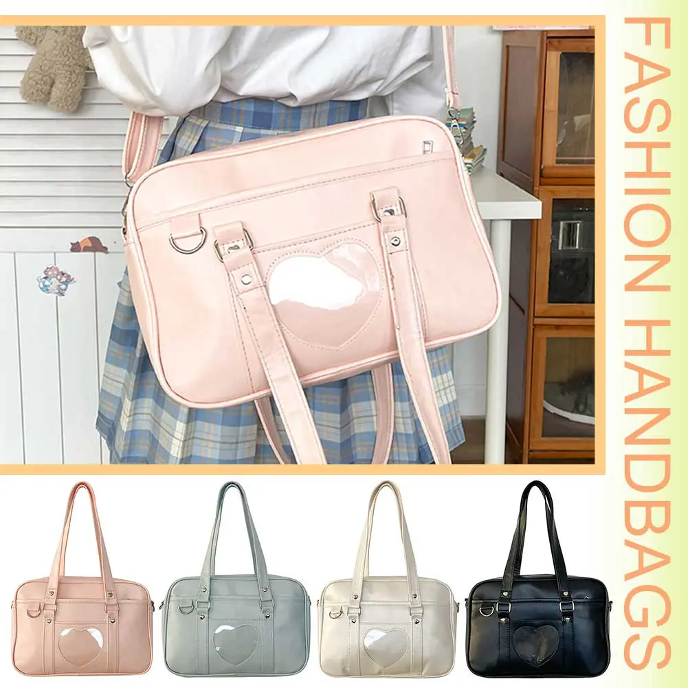 Women Anime Crossbody Bag Transparent Love Heart PU Japanese School Bag Adjustable Strap Shoulder Uniform Bag for Outdoor Travel