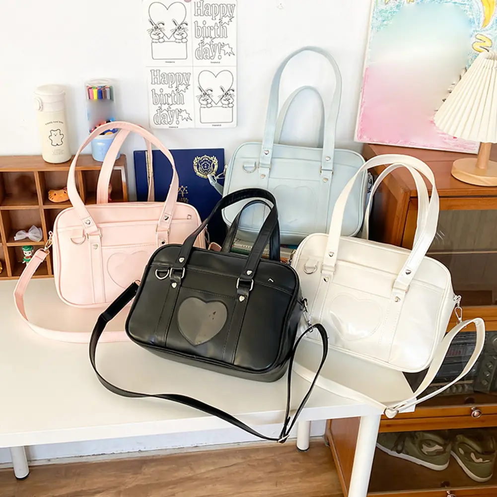 Women Anime Crossbody Bag Transparent Love Heart PU Japanese School Bag Adjustable Strap Shoulder Uniform Bag for Outdoor Travel