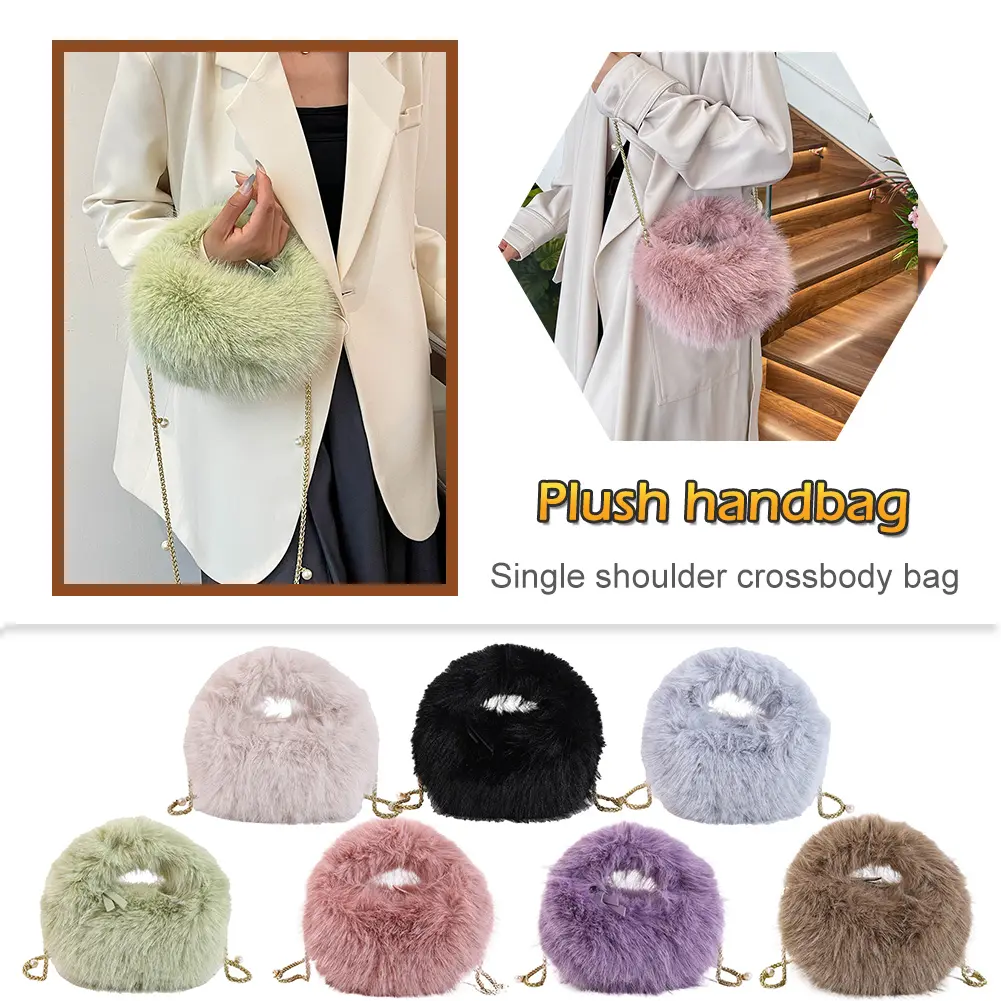 Handbag with Chain Faux Fox Fur Crossbody Bag Fuzzy for Women Clutch Purse Pearl Hobo Bag for Work Travel