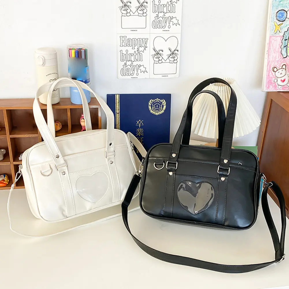 Women Anime Crossbody Bag Transparent Love Heart PU Japanese School Bag Adjustable Strap Shoulder Uniform Bag for Outdoor Travel