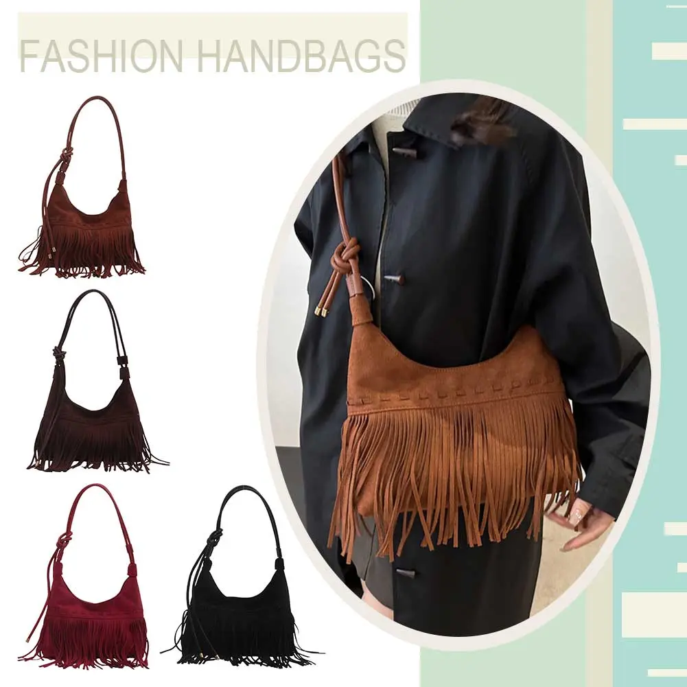Vintage Fringe Crossbody Bag Fashion Suede Underarm Bag Trendy Tassel Crescent Bag for Women Work Shopping Travel Winter Fall