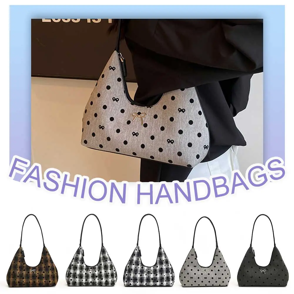 Shoulder Bag for Women Polka Dot Crescent Bag PU Leather Bowtie Underarm Bag with Zipper Tote Purse for Travel Commuting