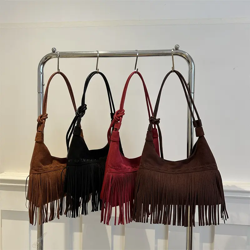 Vintage Fringe Crossbody Bag Fashion Suede Underarm Bag Trendy Tassel Crescent Bag for Women Work Shopping Travel Winter Fall