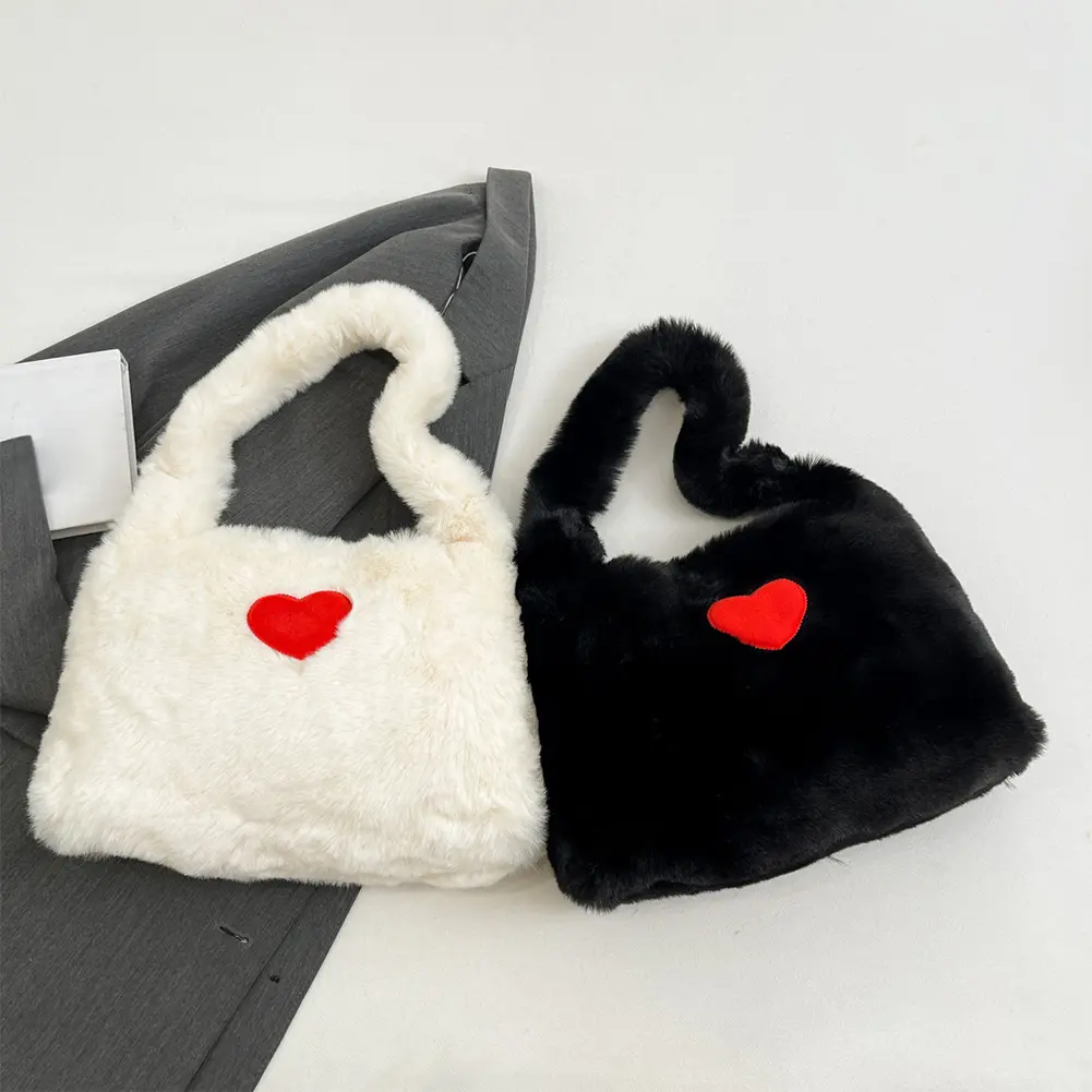 Women Faux Fur Shoulder Purse Large Capacity Cute Fluffy Handbag with Heart Slouchy Hobo Bag Soft Daily Commuting Bag